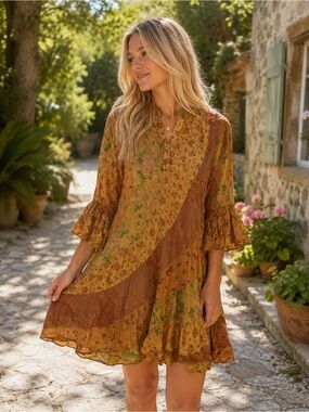 NWT Young Threads Boho Tiered Floral Swing Cinnamon Dress